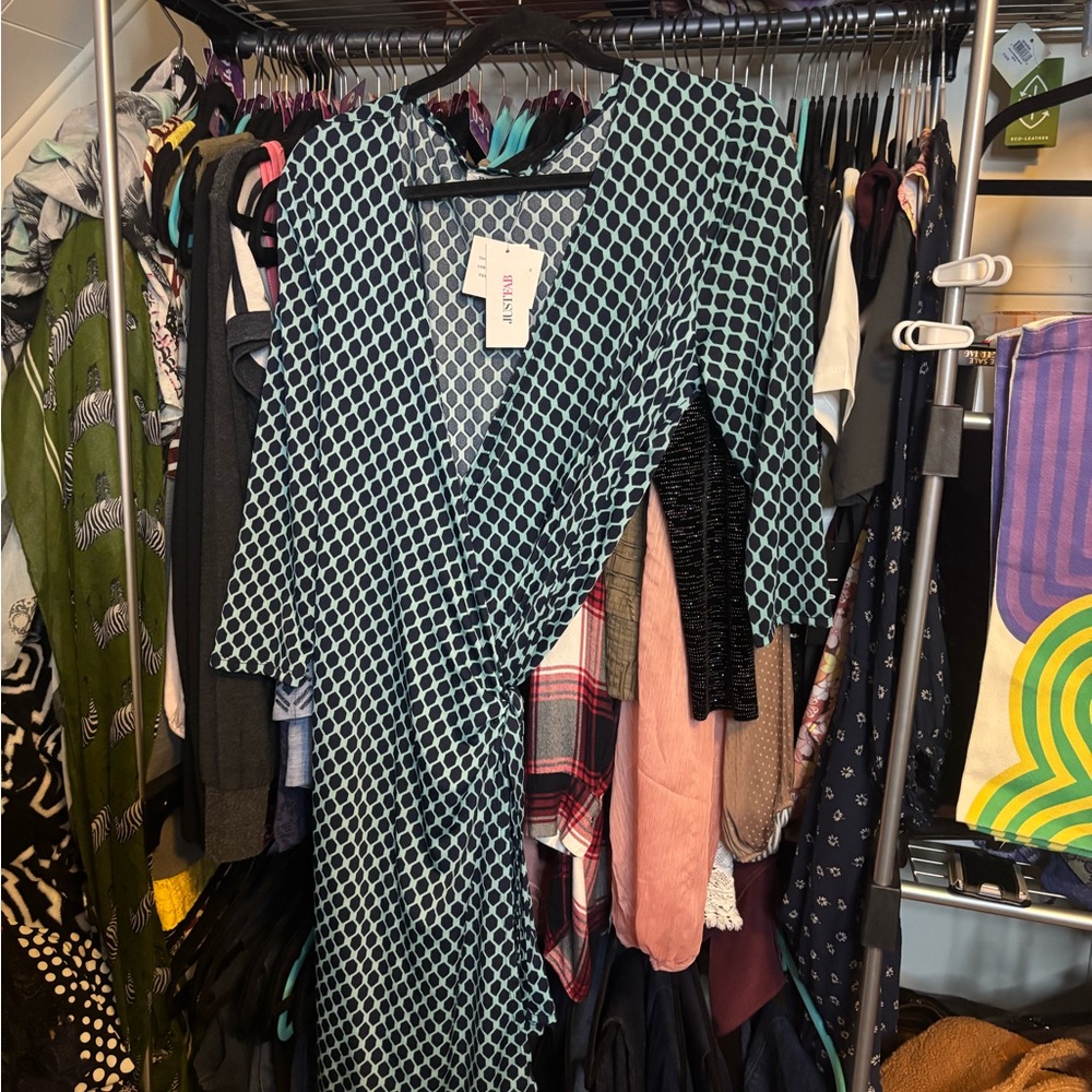 JustFab Green and White Wrap Dress V-Neck 3/4 Sleeve